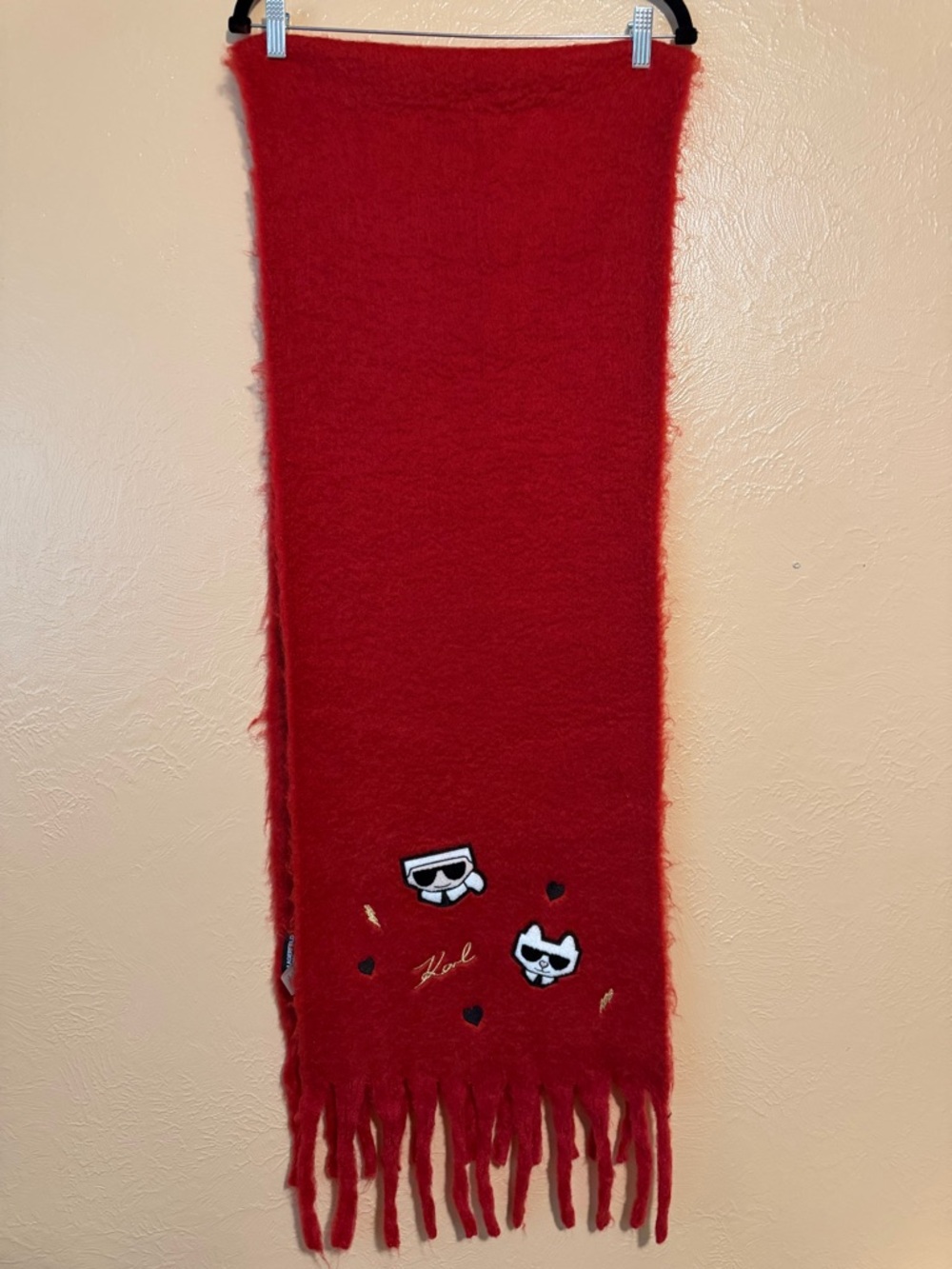 Karl Lagerfeld Red Fuzzy Scarf with Label